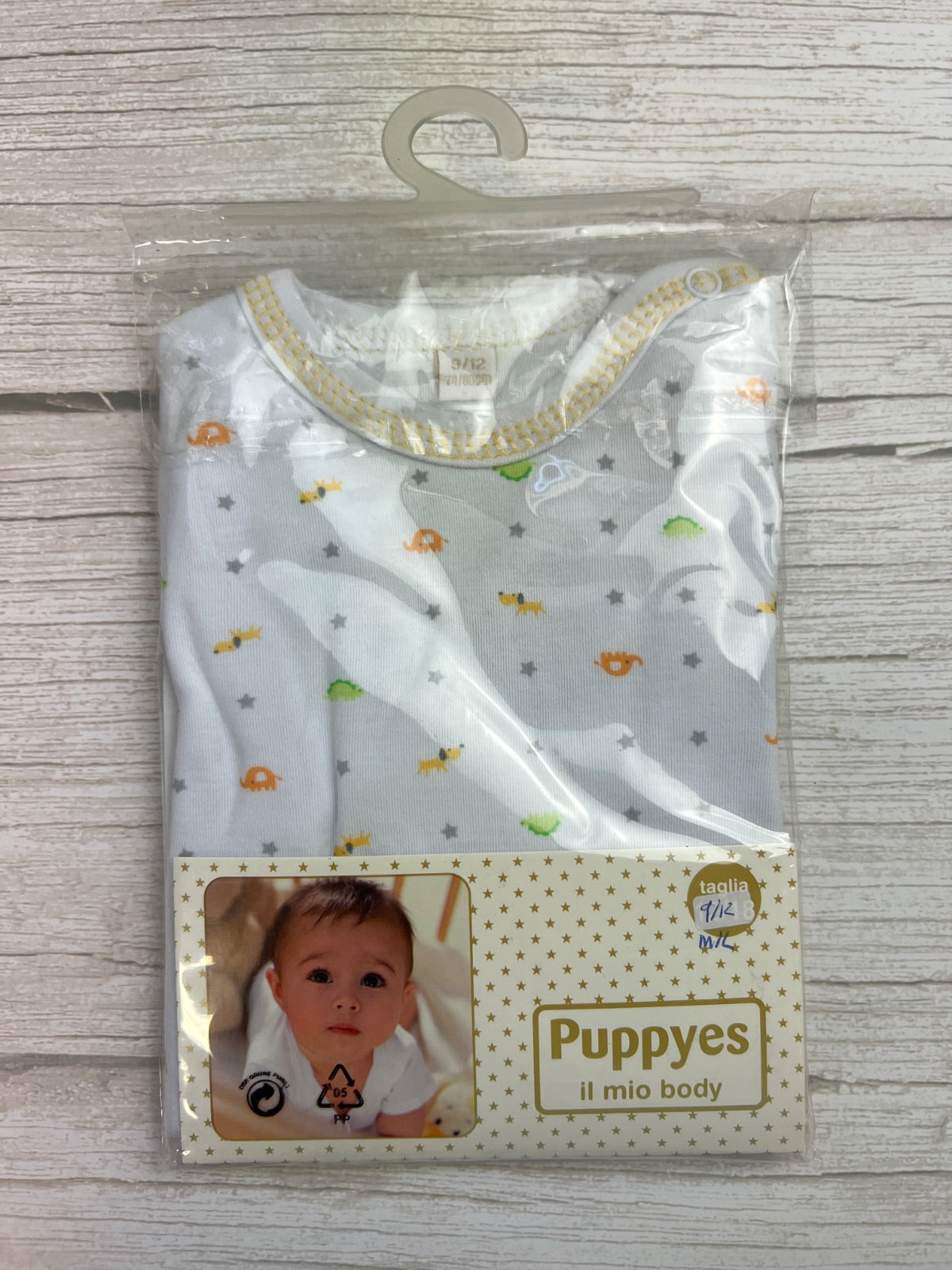 Body Neonato Puppyes a Maniche Lunghe con Fantasia Animali e Stelle