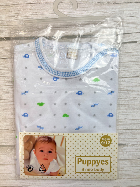 Body neonato Puppyes a manica corta con stampa elefanti e dinosauri