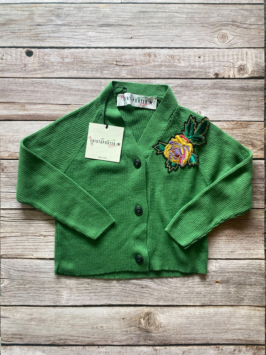 Cardigan Verde Bambina con Ricamo Floreale
