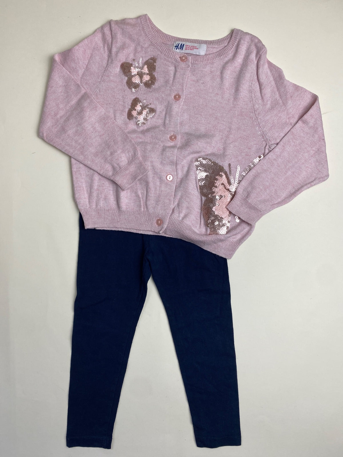 Completo Cardigan Rosa con Farfalle e Leggings Blu per Bambina