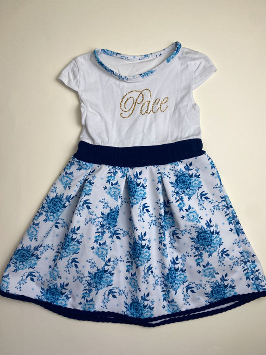 Vestito maniche corte bianco e blu con stampa floreale