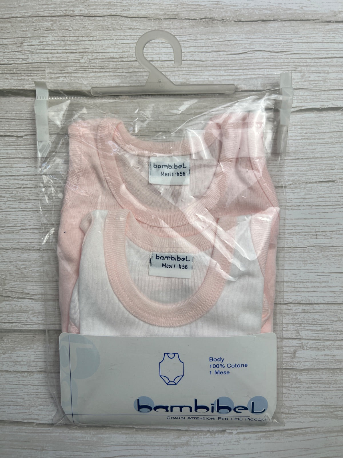 Set 2 Body Neonato Bambibel 100% Cotone, Rosa e Bianco, 1 Mese