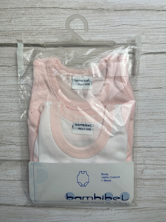 Set 2 Body Neonato Bambibel 100% Cotone, Rosa e Bianco, 1 Mese