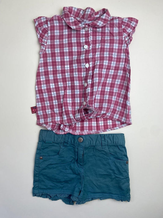 Completo Bambina Camicia a Quadri e Shorts Verdi