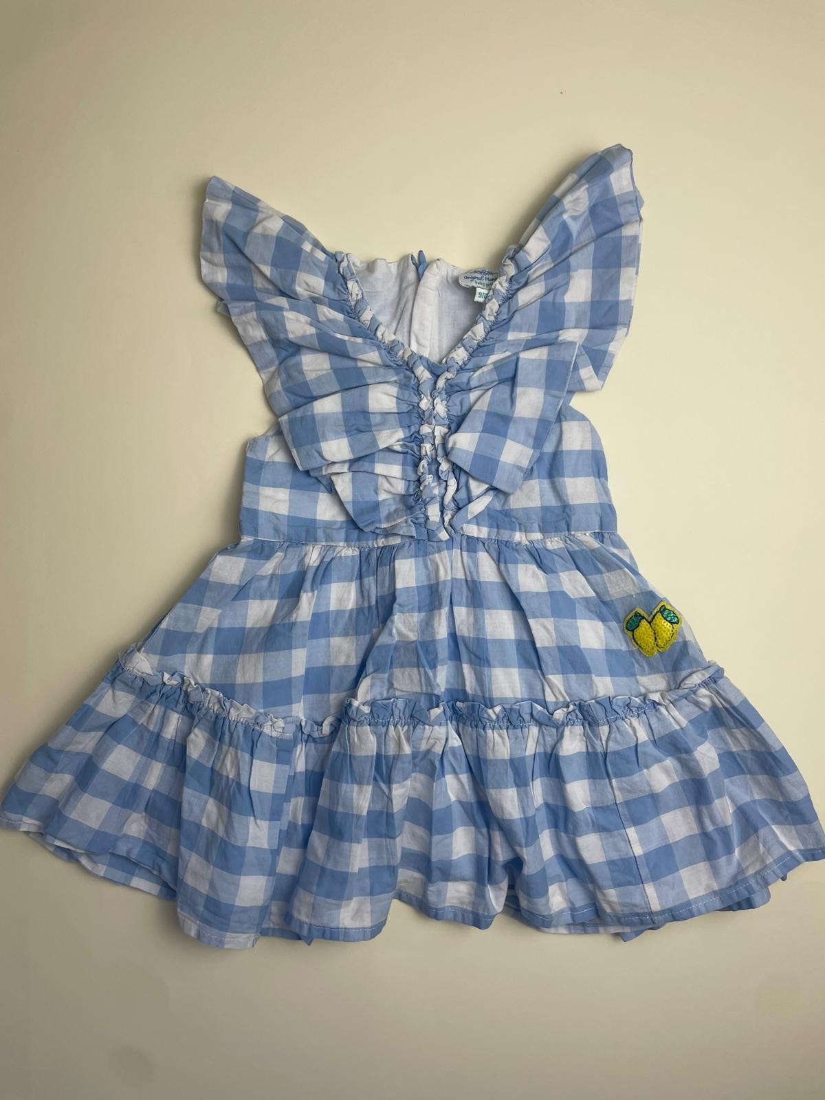 Vestito bambina a quadri vichy azzurri e bianchi con limoni