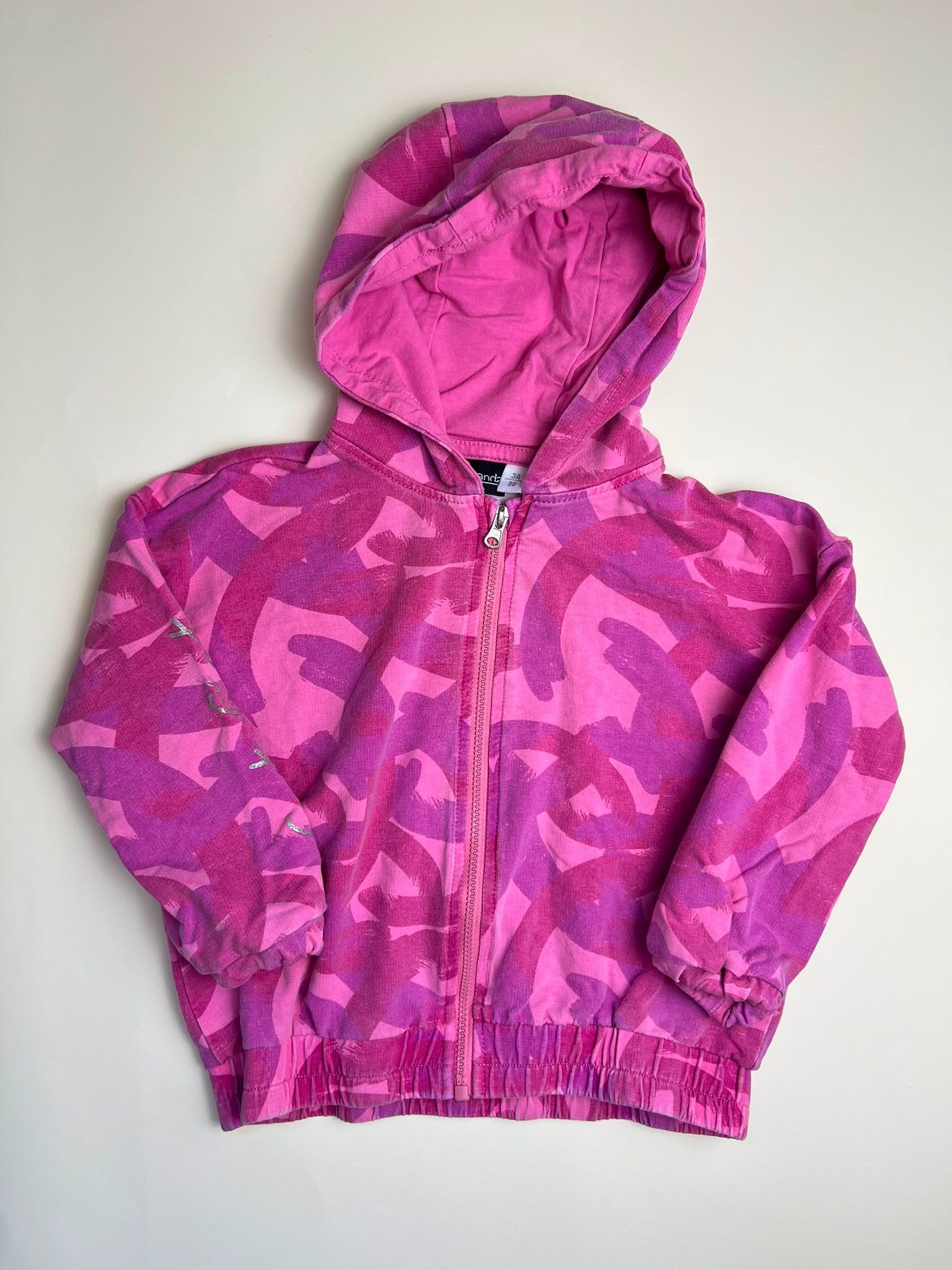 Felpa con cappuccio e zip fantasia rosa e viola