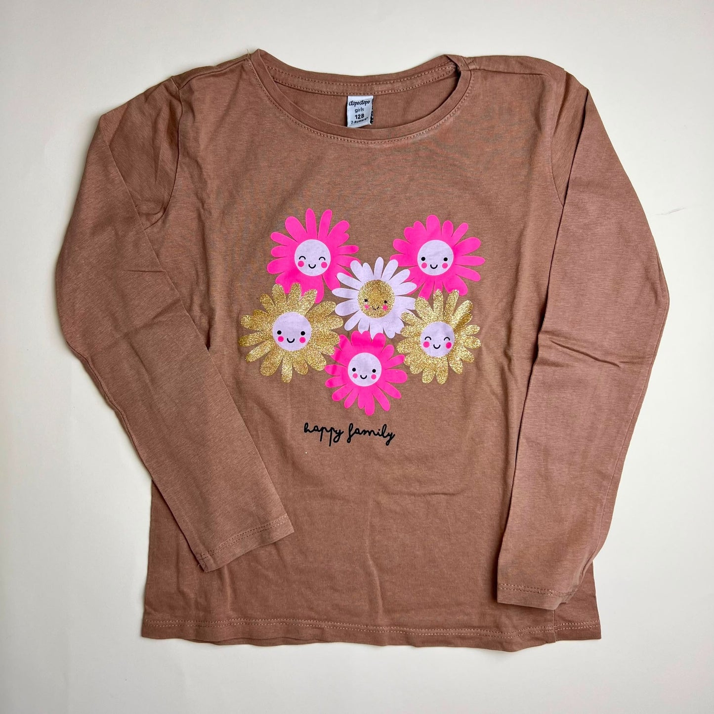 Maglietta a maniche lunghe bambina con stampa fiori e glitter