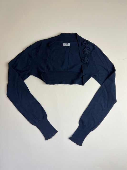 Bolero corto in maglia blu navy con decorazioni floreali
