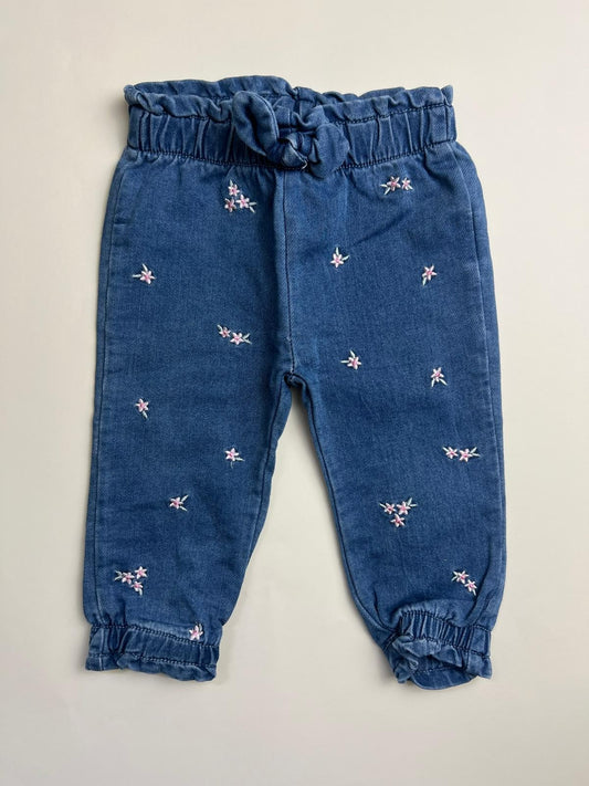 Jeans Bambina con Ricami Floreali e Vita Paper Bag