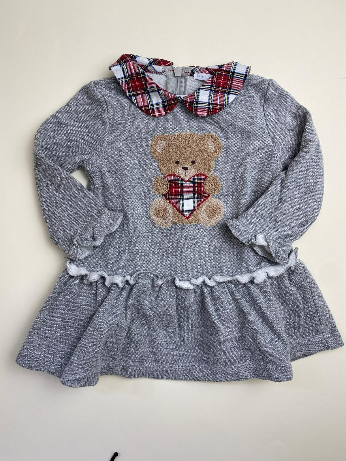 Vestito Bambina Grigio con Orsetto e Colletto Scozzese