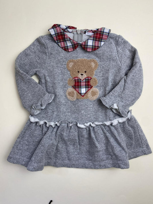 Vestito Bambina Grigio con Orsetto e Colletto Scozzese