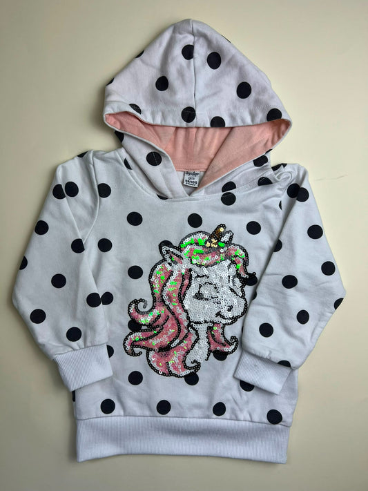 Felpa con cappuccio per bambina con unicorno di paillettes e pois