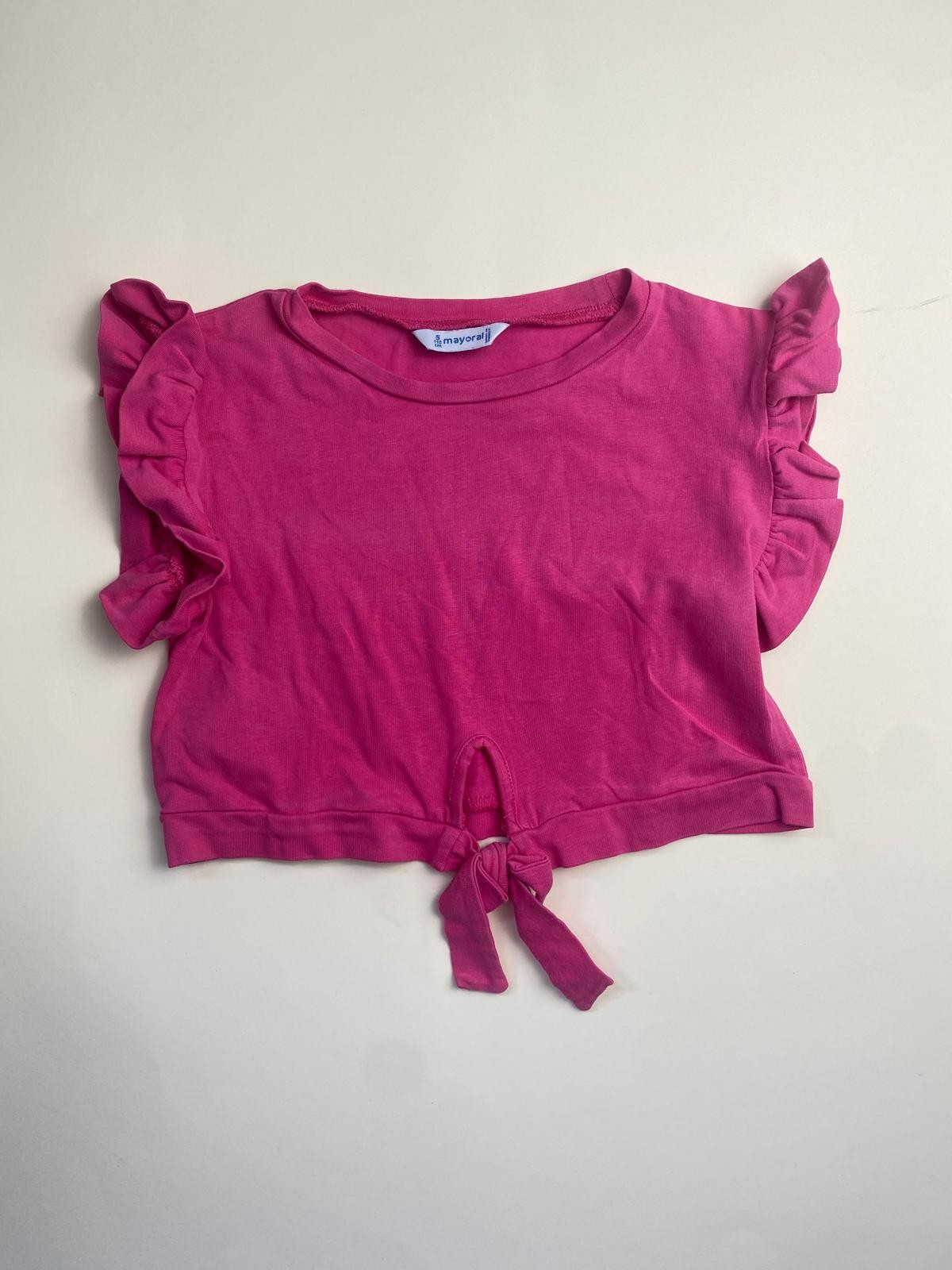 Maglietta bambina fucsia con volant e nodo