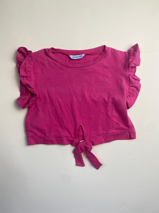 Maglietta bambina fucsia con volant e nodo