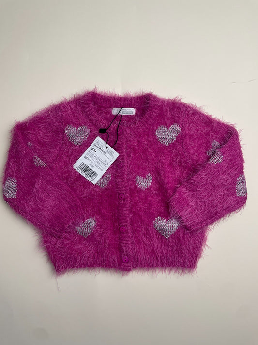Cardigan fucsia peloso con cuori glitterati