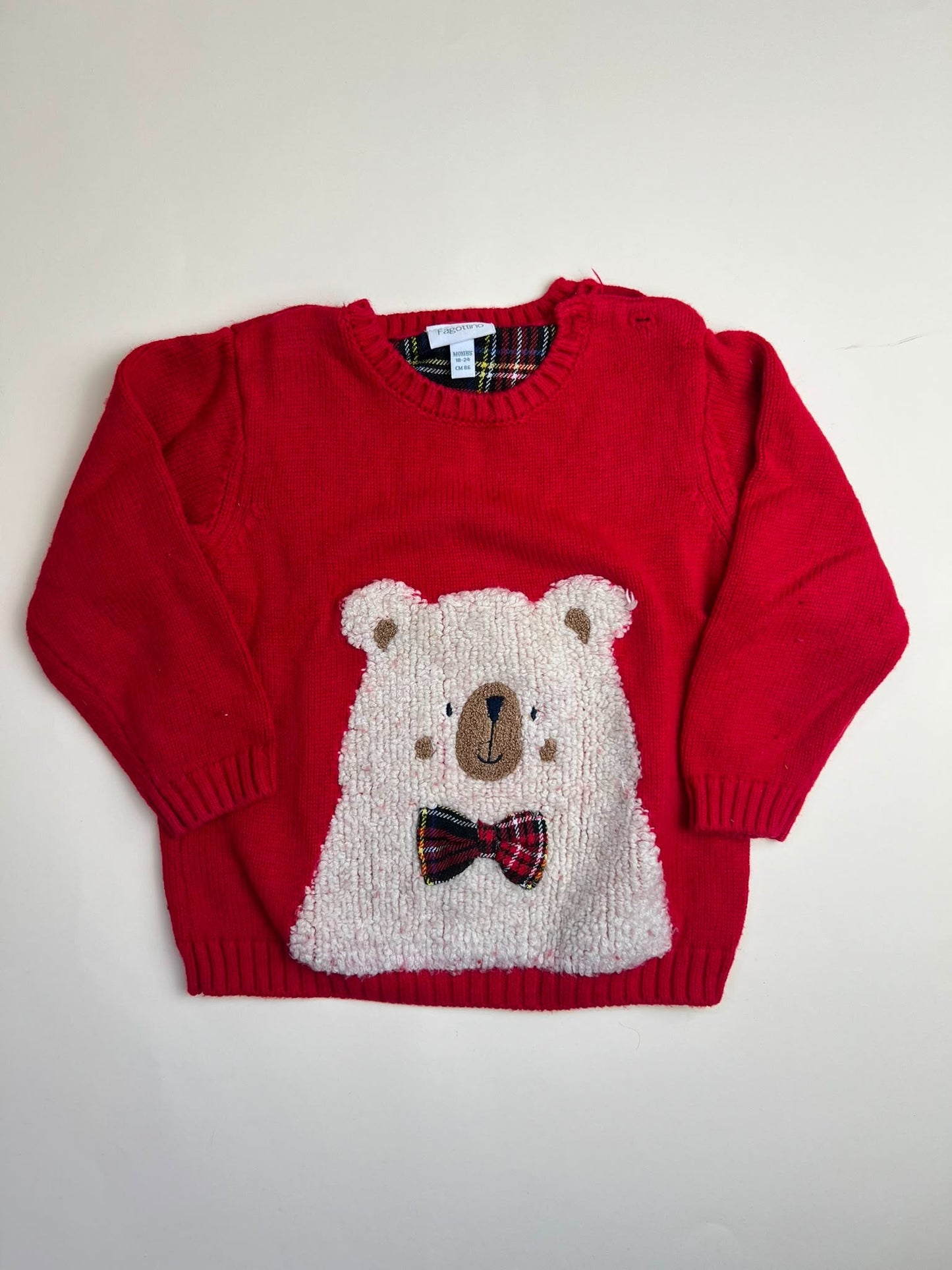 Maglione rosso per bambino con orsetto e papillon scozzese