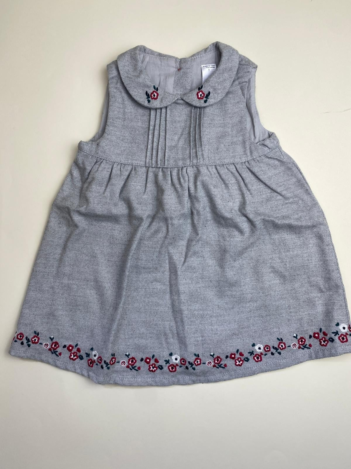 Vestito Bambina Grigio con Colletto e Ricami Floreali