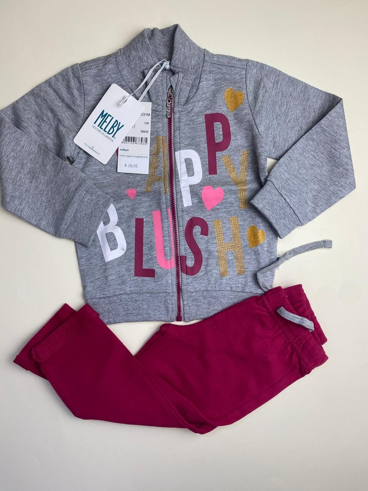 Completo Tuta Bambina Melby Felpa Grigia e Pantaloni Fucsia