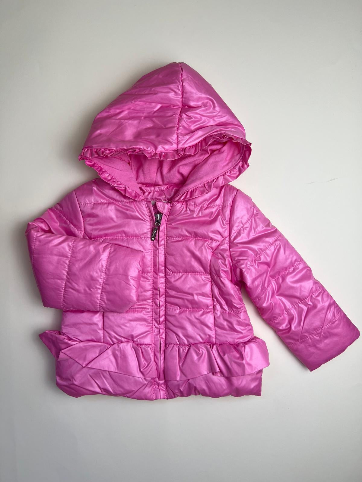 Piumino Rosa Lucido con Cappuccio e Volant per Bambina