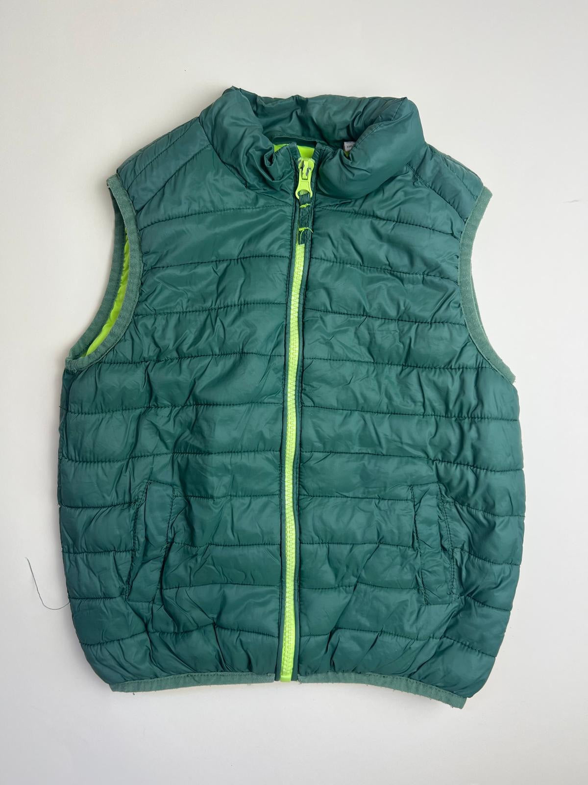 Gilet imbottito verde petrolio con zip verde neon