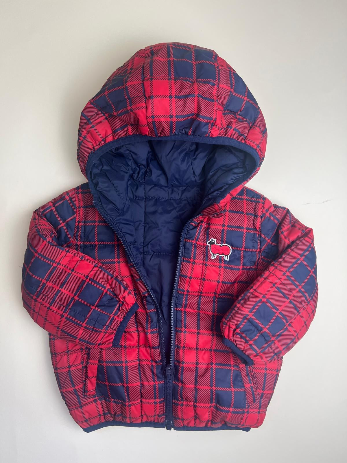 Giacca reversibile imbottita per bambino a quadri con cappuccio