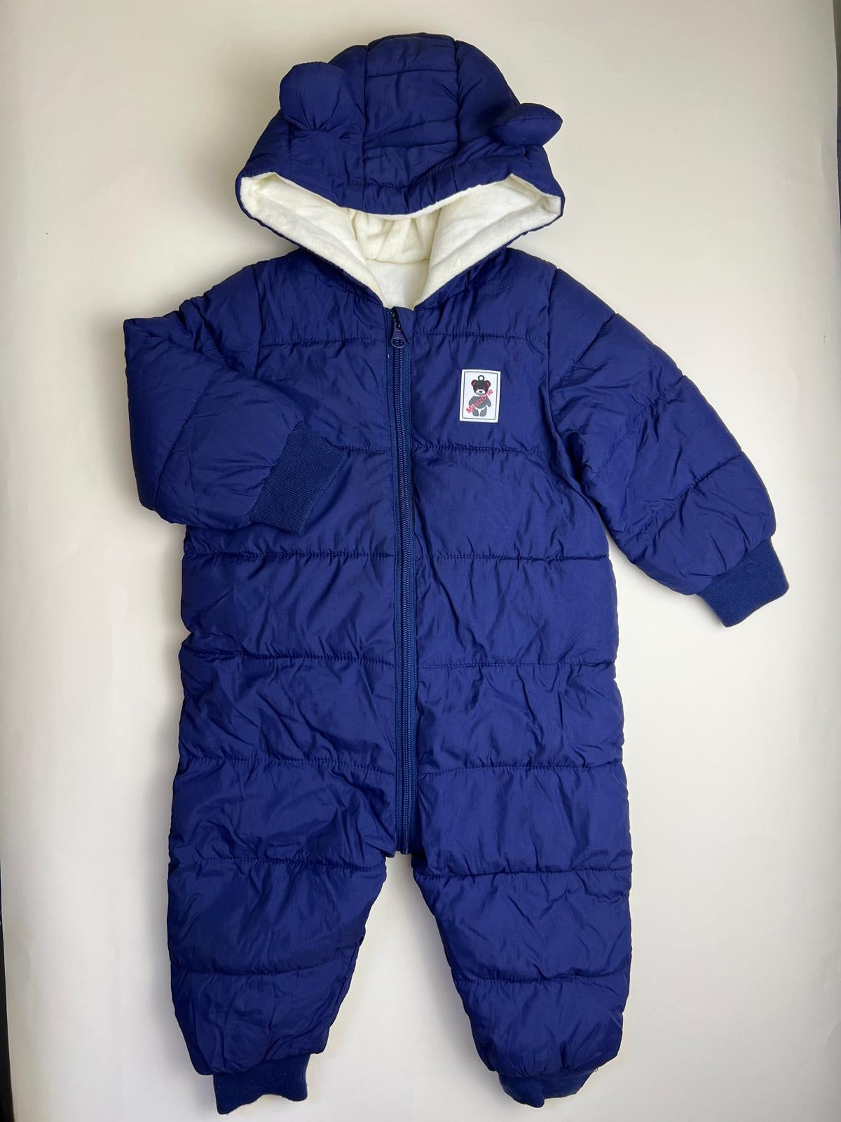Tuta da neve imbottita per neonato blu navy con cappuccio e orecchie