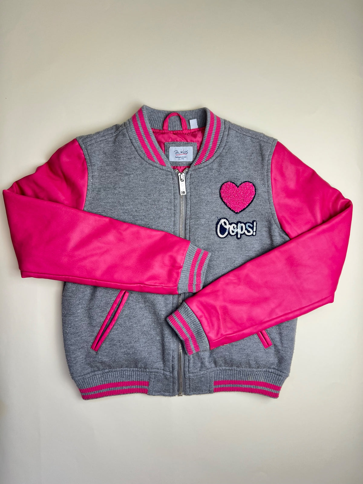 Bomber Jacket Bambina Grigio e Fucsia con Patch