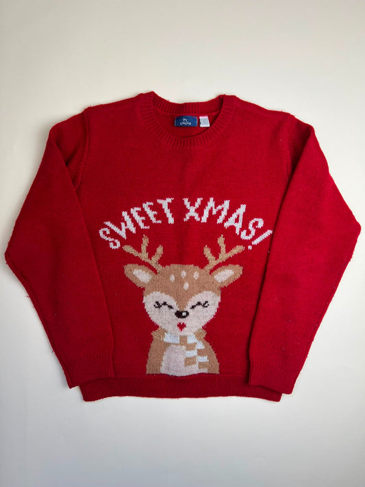 Maglione natalizio rosso con renna e scritta "Sweet Xmas!"