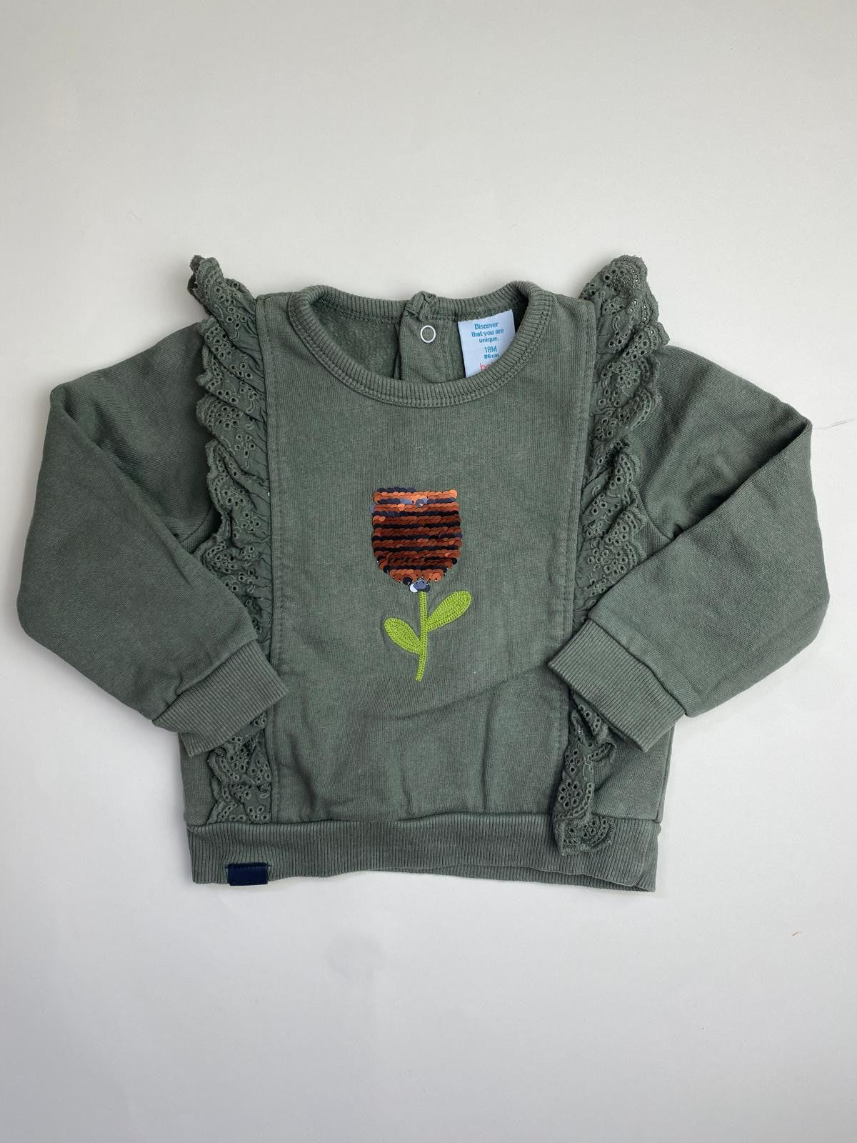 Felpa  Verde Oliva con Volant e Fiore Ricamato