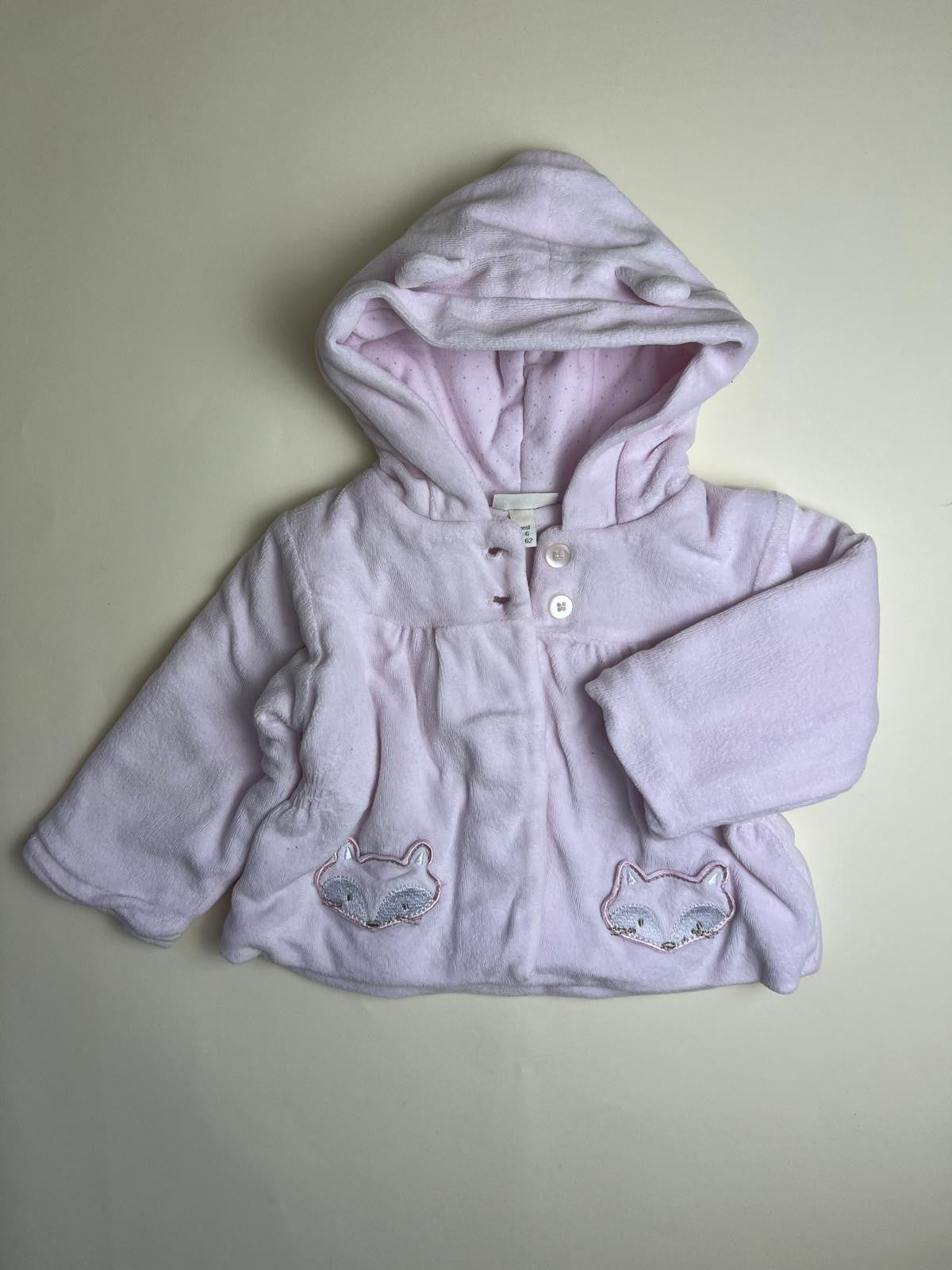 Giacca in ciniglia rosa con cappuccio e volpi per neonata