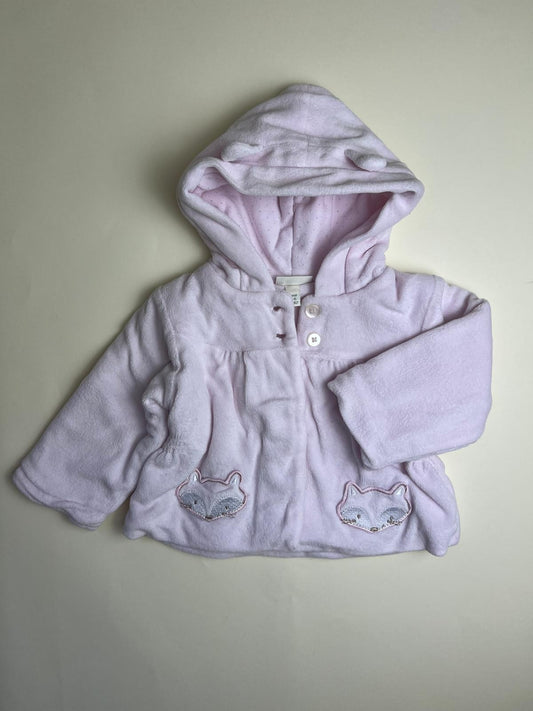 Giacca in ciniglia rosa con cappuccio e volpi per neonata