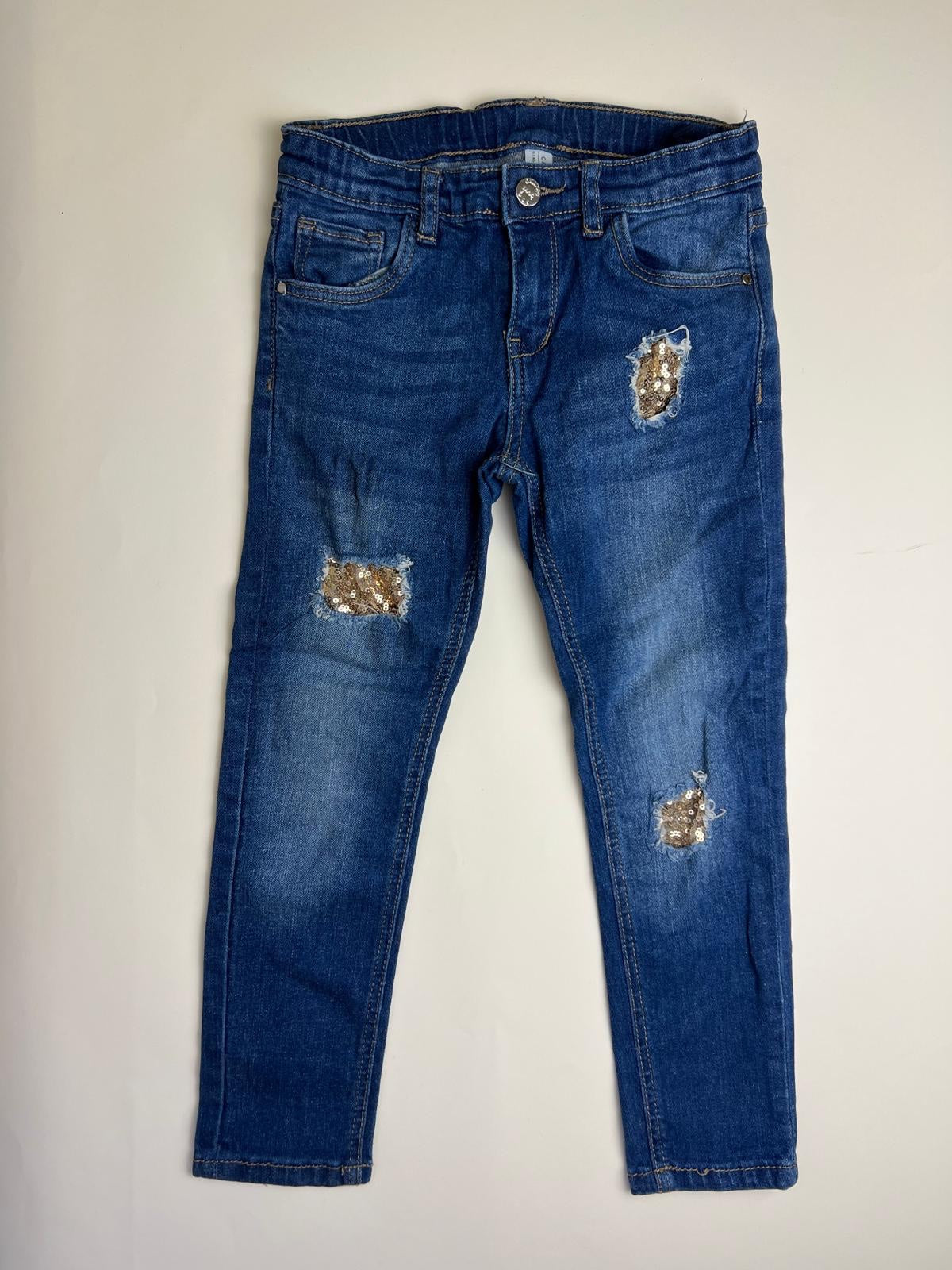 Jeans Denim Blu con Strappi e Paillettes