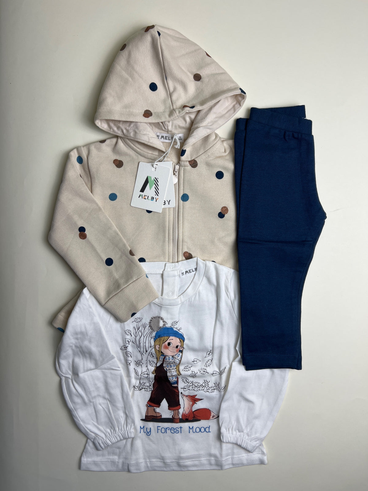 Completo 3 pezzi Melby Baby: Felpa con cappuccio, T-shirt e Leggings