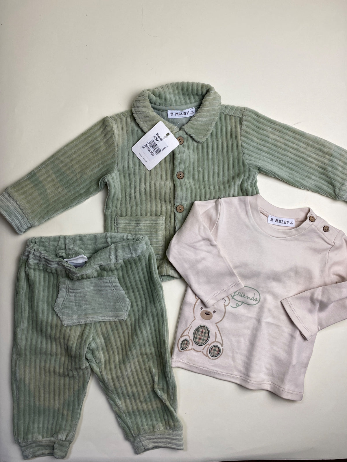 Completo 3 pezzi neonato Melby in velluto a coste e t-shirt orsetto - scolorito 