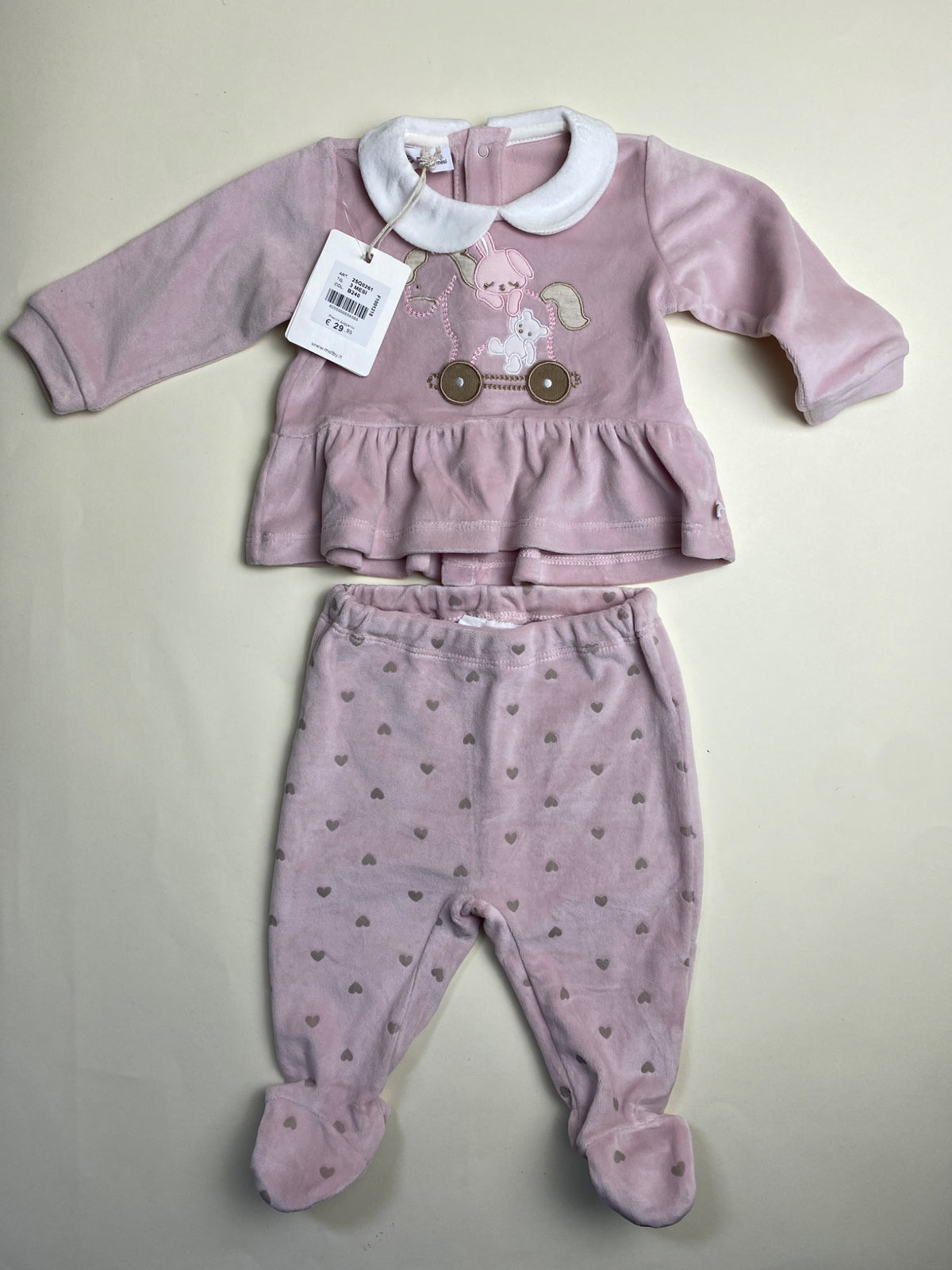Completo Neonata in ciniglia rosa con coniglietto e cuori