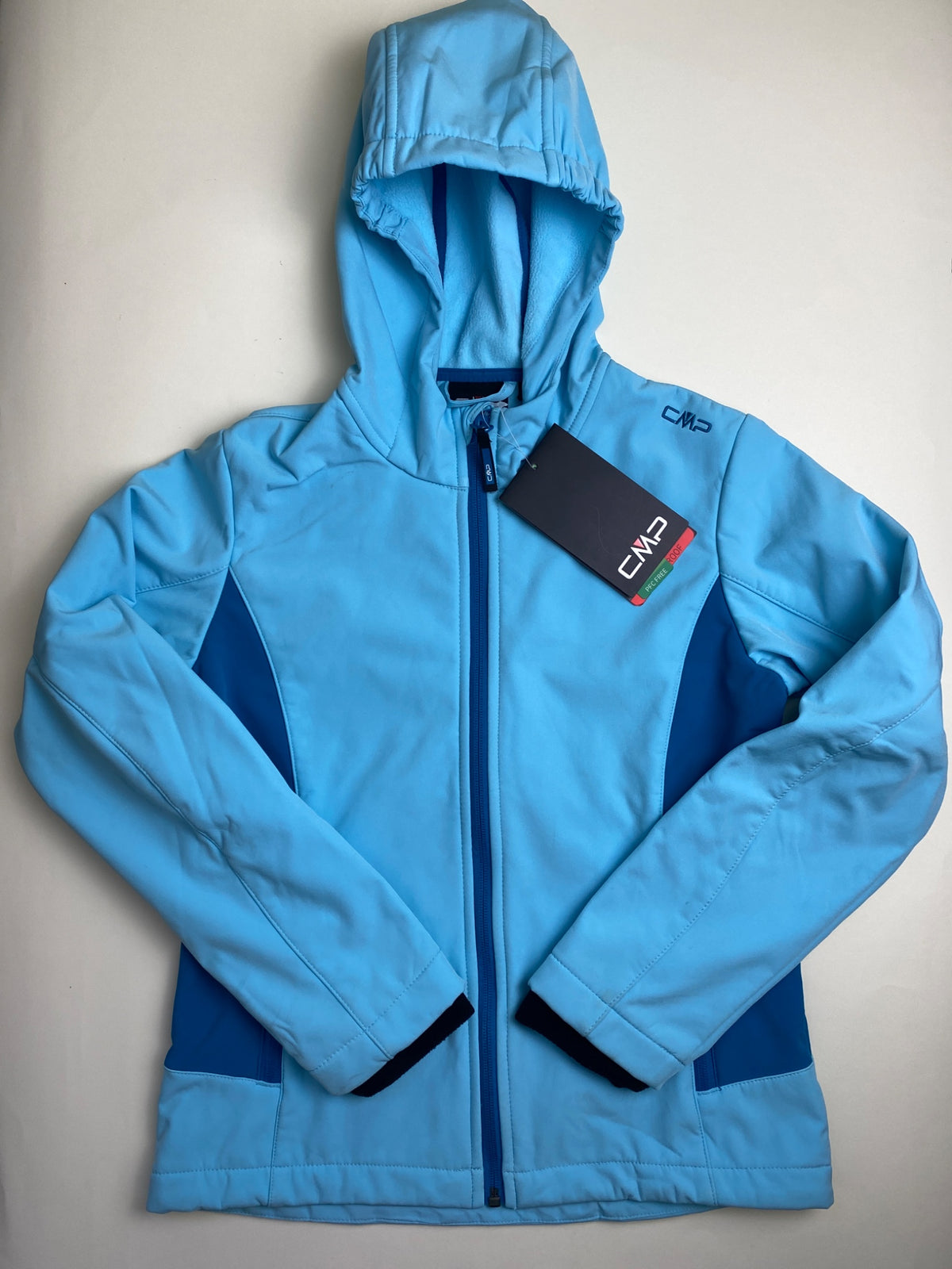 Giacca Softshell CMP con Cappuccio Azzurra - macchia lavabile su schiena 