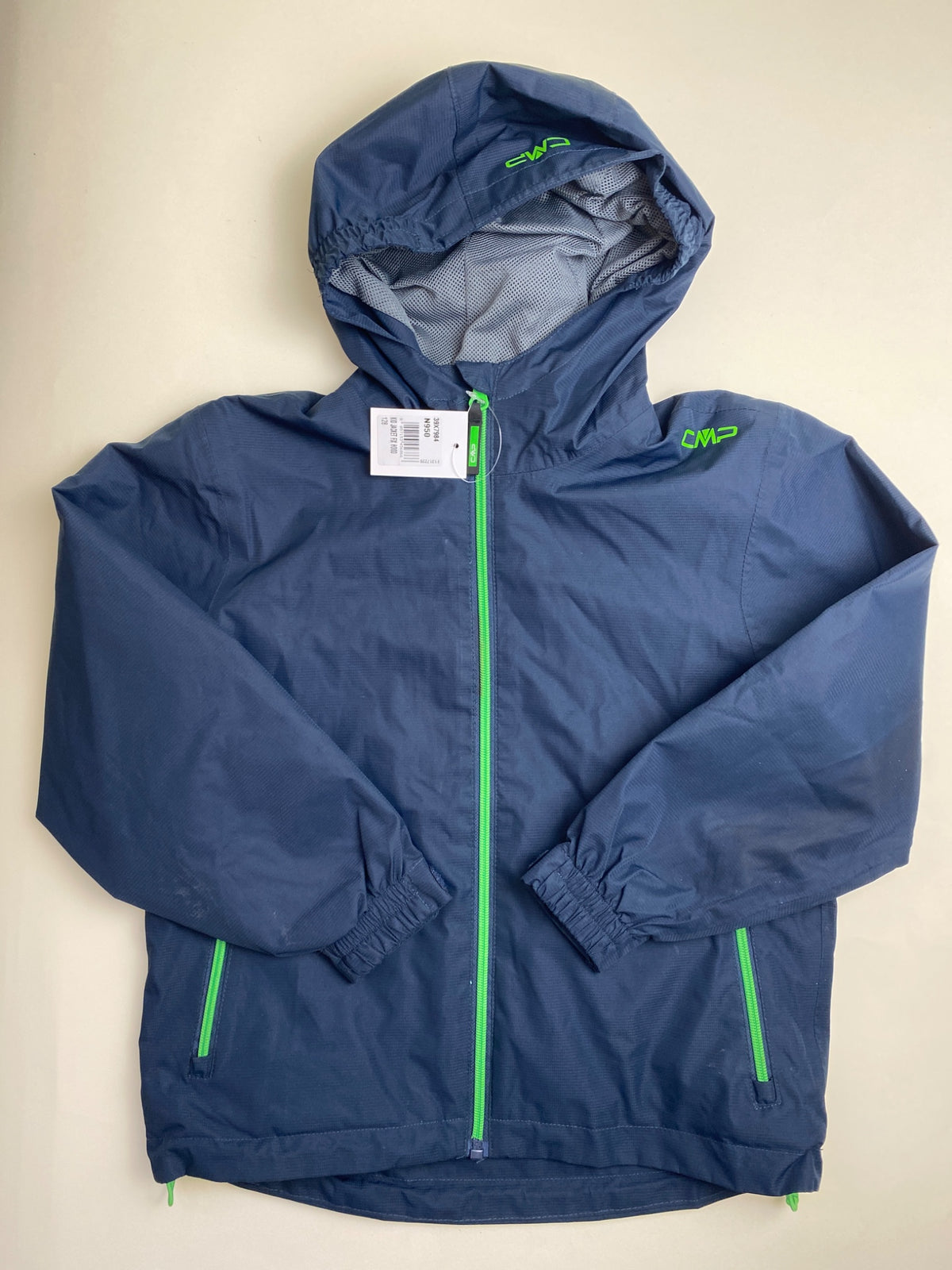 Giacca a vento CMP con cappuccio, blu navy e dettagli verdi - macchie lavabili