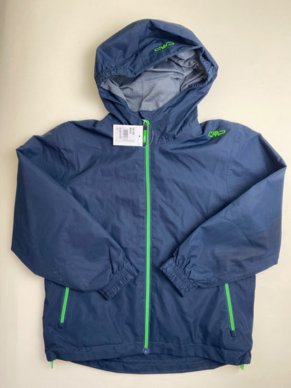 Giacca a vento CMP con cappuccio, blu navy e dettagli verdi - macchie lavabili