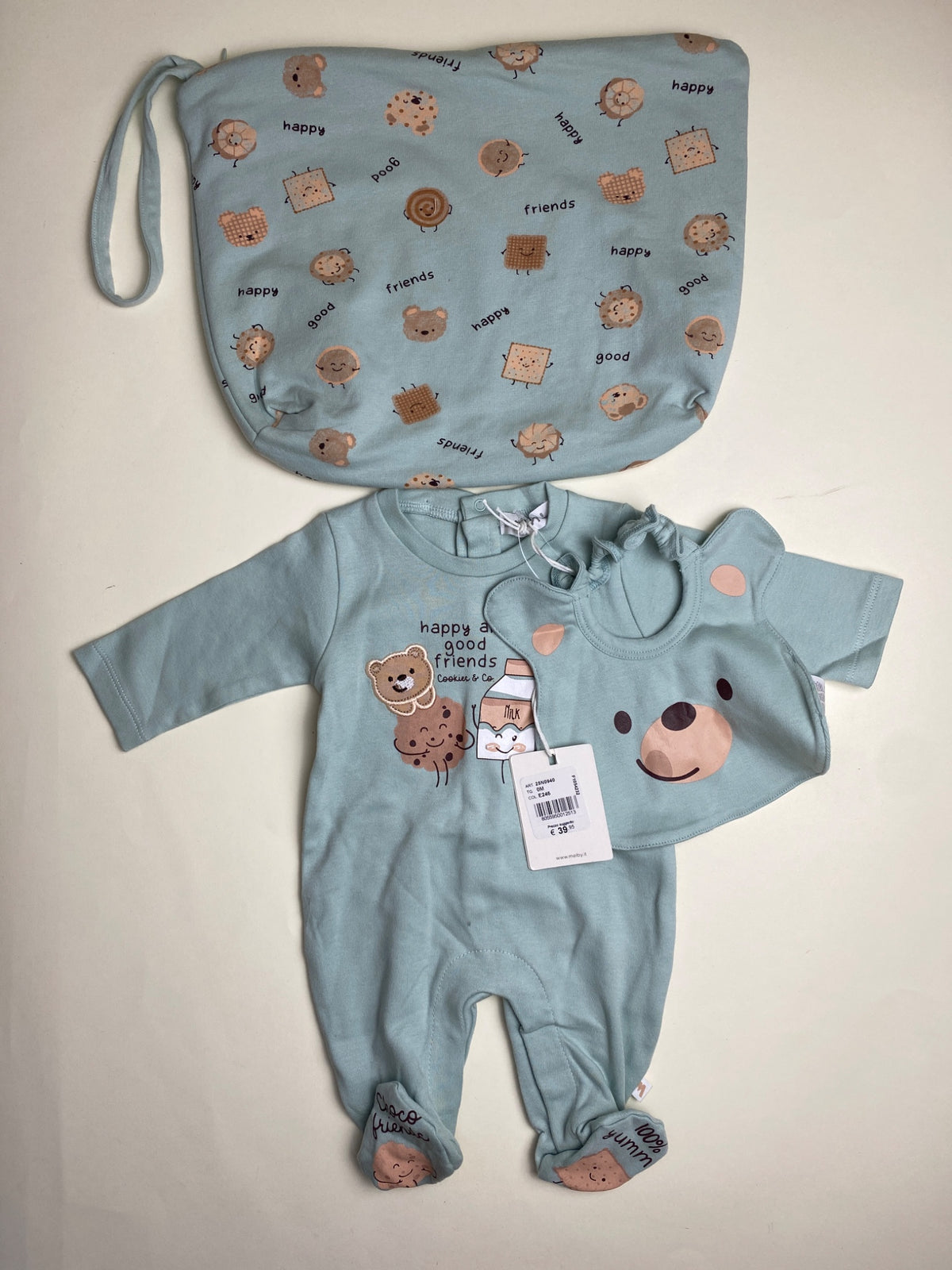 Set Neonato Tutina, Bavaglino e Sacca con Stampa Orsetto e Biscotti - piccolo difetto davanti