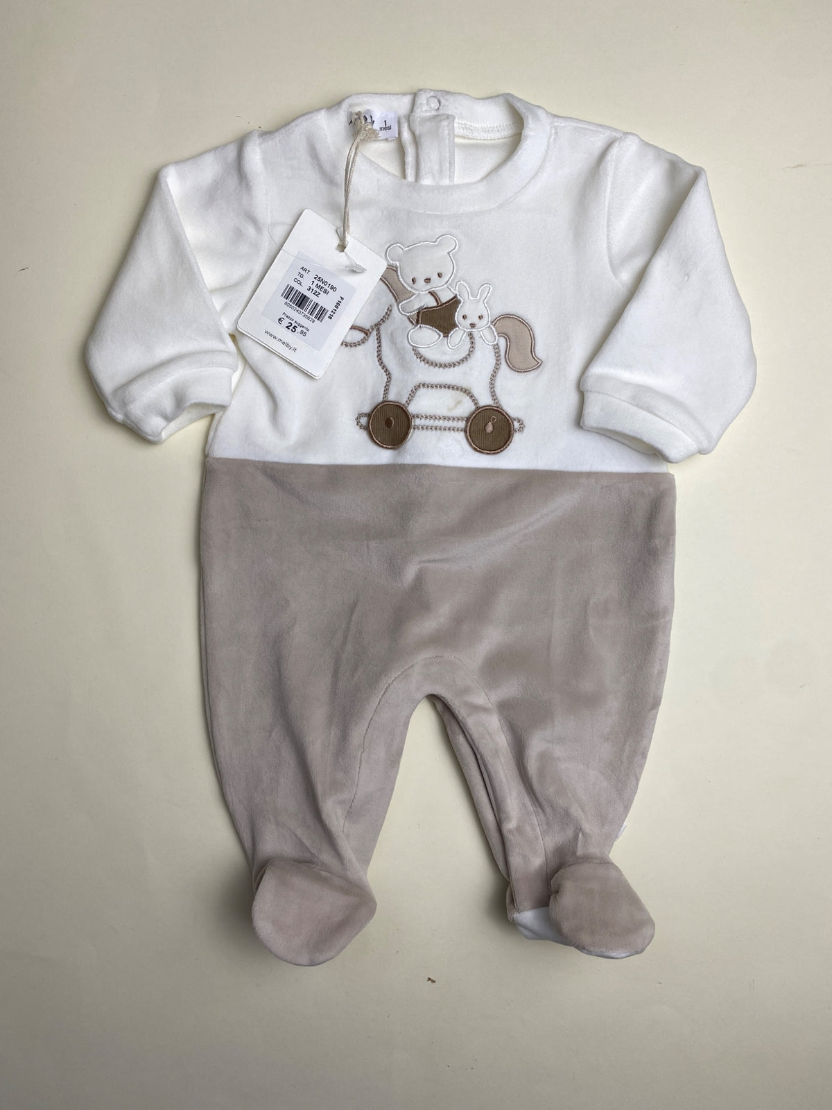 Tutina Neonato Bicolore in Ciniglia con Appliqué Orsetto e Cavallo - piccolo difetto davanti