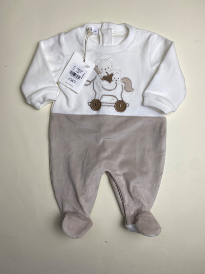 Tutina Neonato Bicolore in Ciniglia con Appliqué Orsetto e Cavallo - piccolo difetto davanti