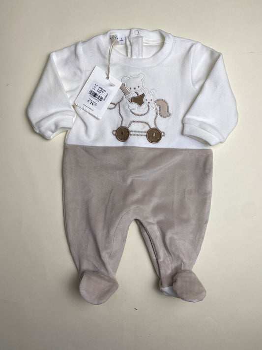 Tutina Neonato Bicolore in Ciniglia con Appliqué Orsetto e Cavallo - piccolo difetto davanti
