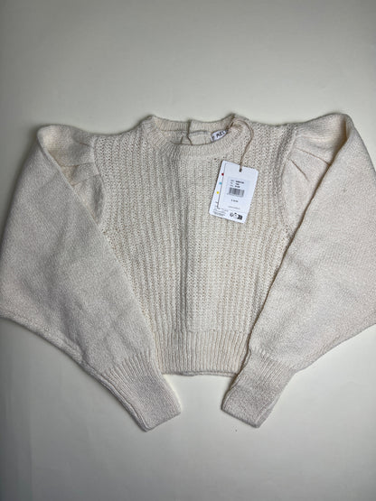 Maglione a coste panna con maniche a sbuffo