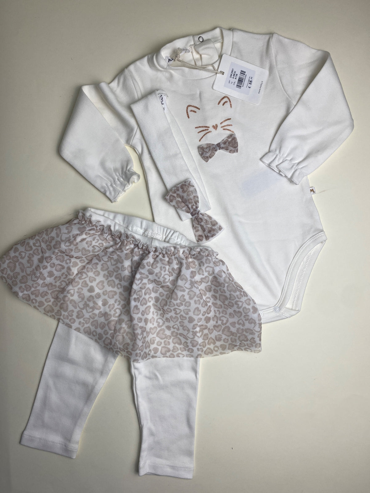 Completo Neonato Body Leggings Gonna Leopardata e Fascia