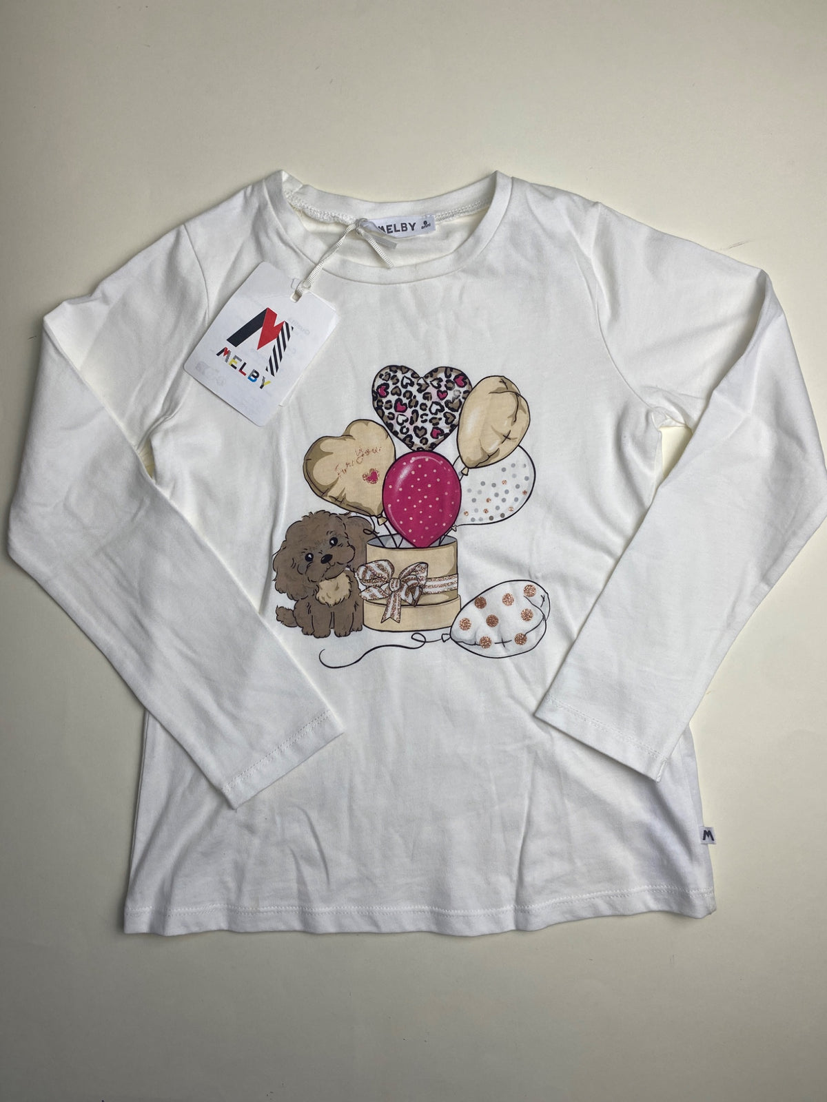 T-shirt Bambina Maniche Lunghe Stampa Cucciolo e Palloncini