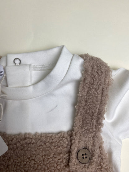 Completo Neonato Salopette in Pile Teddy con Maglia Bianca