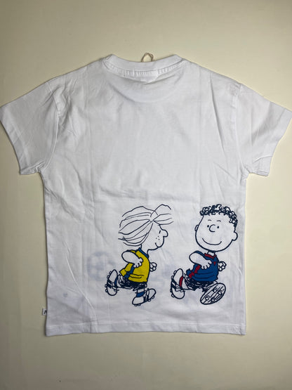 T-shirt Peanuts Snoopy e Charlie Brown Calcio Bianca - piccola macchia su collo