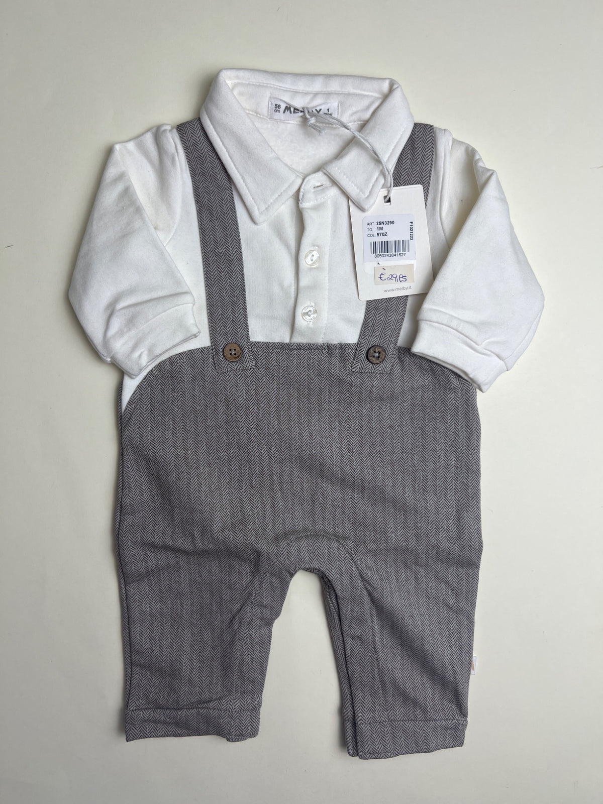 Tutina Elegante Neonato con Camicia Bianca e Salopette Grigia
