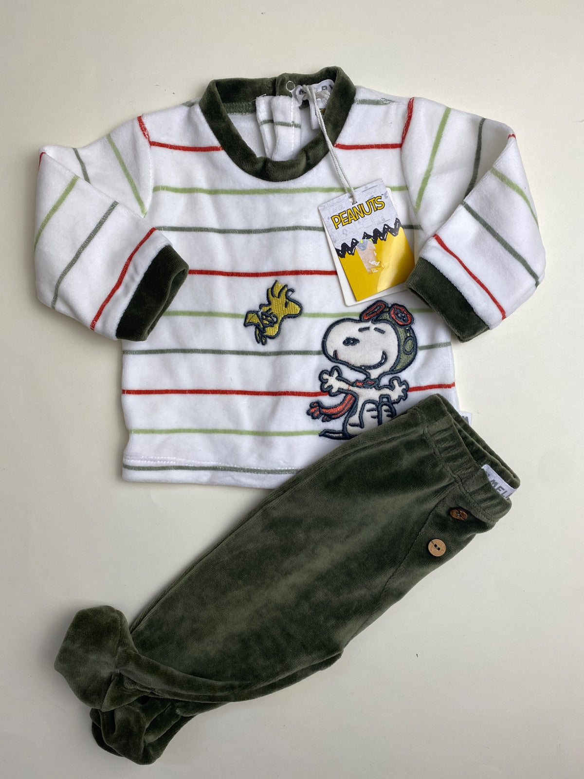 Completo Neonato Snoopy Peanuts Maglia a Righe e Pantaloni in ciniglia- manca un bottone
