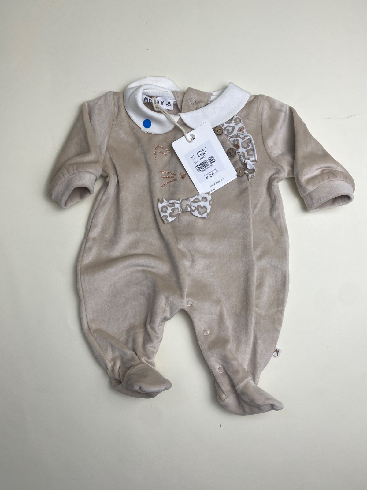 Tutina neonato in velluto beige con gatto e stampa leopardata - difetto su collo